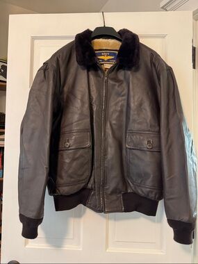 Airborne Leather Navy Bomber Jacket Mens L Genuine Leather Faux Fur Collar